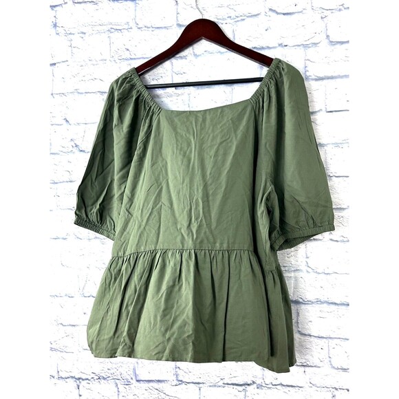 New Loft Army Green Size XL Boho Top Short Sleeve Babydoll Blouse Square Neck U4 - Picture 6 of 12
